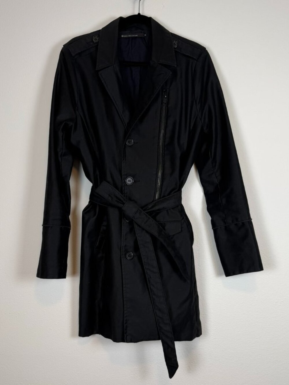 Nice Collective Black Belted Moto Trench Coat Cotton Medium - Picture 4 of 16